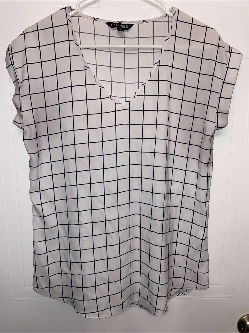 Express White Blouse with Black Grid Pattern